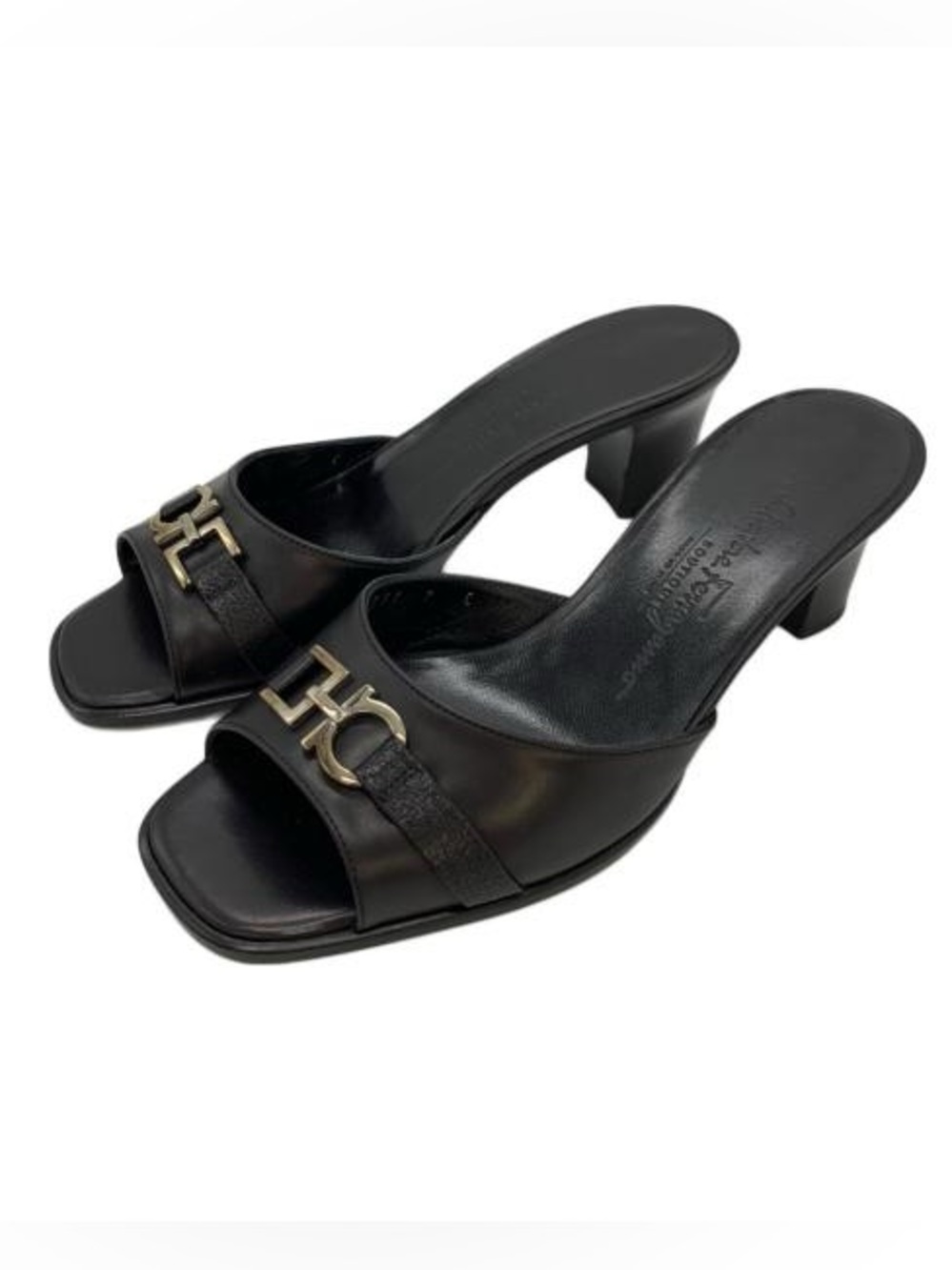 Salvatore Ferragamo Black Leather Slide Heels with Silver Hardware-women’s 9